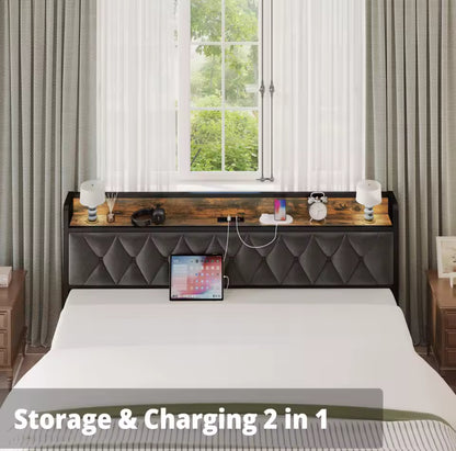 Queen Bed Frame with Storage Headboard & Built‑In Outlets