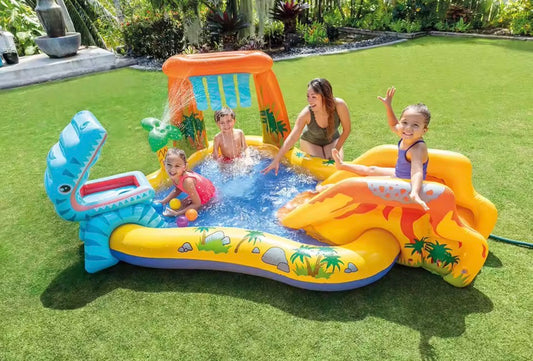 Inflatable Dinosaur Play Pool Slide, Water Sprayer with Balls for Outdoor Fun.