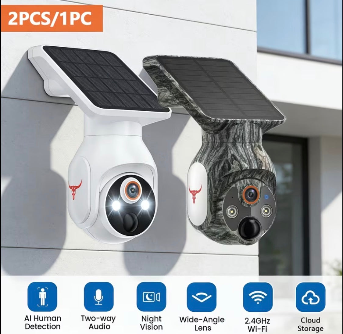 1080P Solar Security Cameras Wireless Outdoor, 360° View Pan/Tilt, 2.4Ghz WiFi Outside, Color Night Vision, Real-Time Alerts, Cloud Storage, 2-Way Audio
