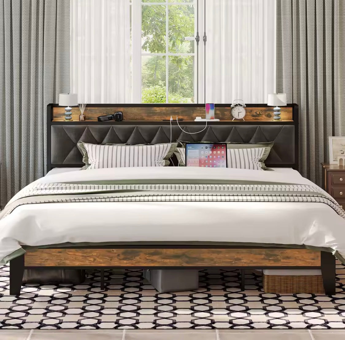 Queen/King Bed Frames, Storage Headboard with Outlets, No Noise, No Box Springs Needed.