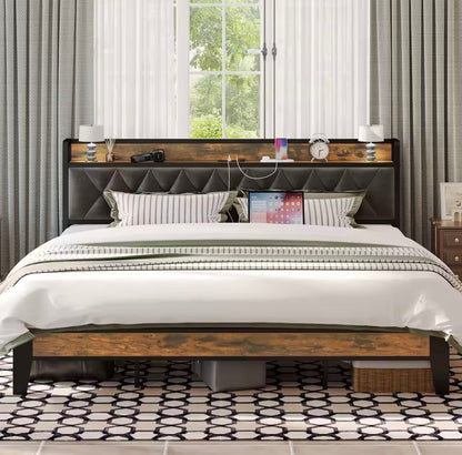 Queen/King Bed Frames, Storage Headboard with Outlets, No Noise, No Box Springs Needed.