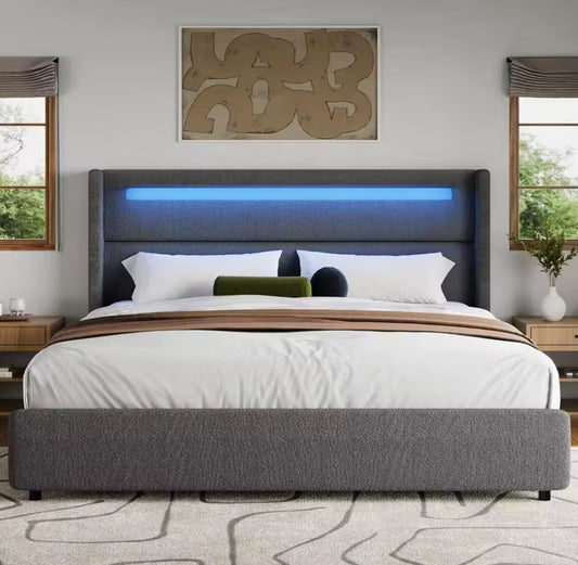 Upholstered LED Bed Frame With Wingback Headboard, Soft Boucle Queen Size Bed