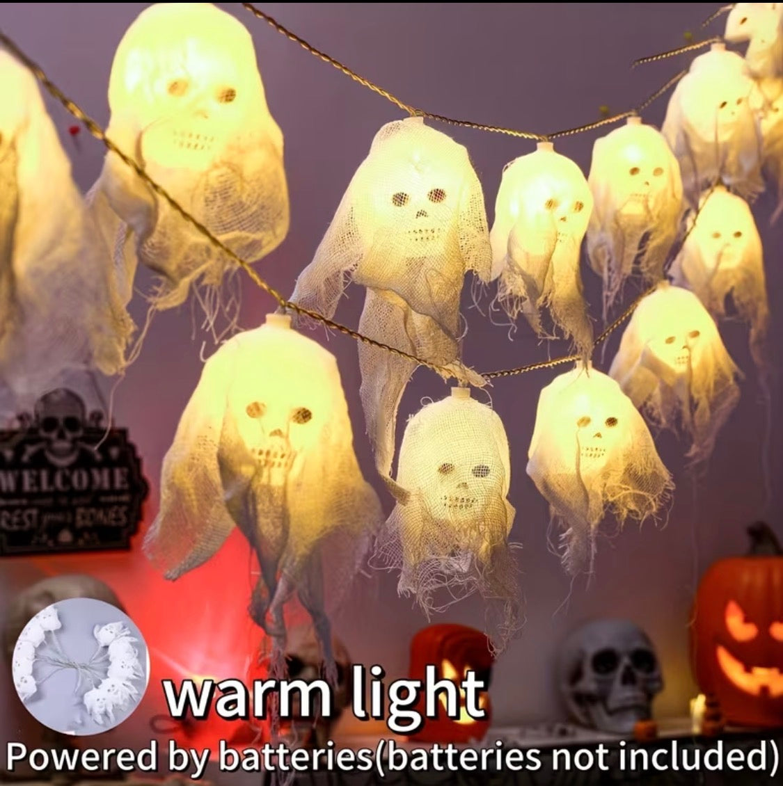 LED Hanging Halloween Skull String Lights - Battery Operated Outdoor Decoration
