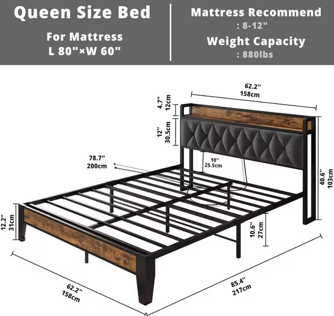 Queen/King Bed Frames, Storage Headboard with Outlets, No Noise, No Box Springs Needed.