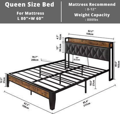 Queen/King Bed Frames, Storage Headboard with Outlets, No Noise, No Box Springs Needed.