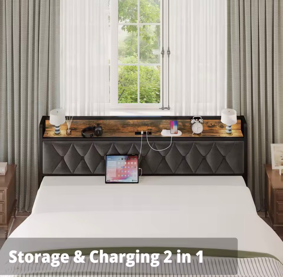 Queen/King Bed Frames, Storage Headboard with Outlets, No Noise, No Box Springs Needed.