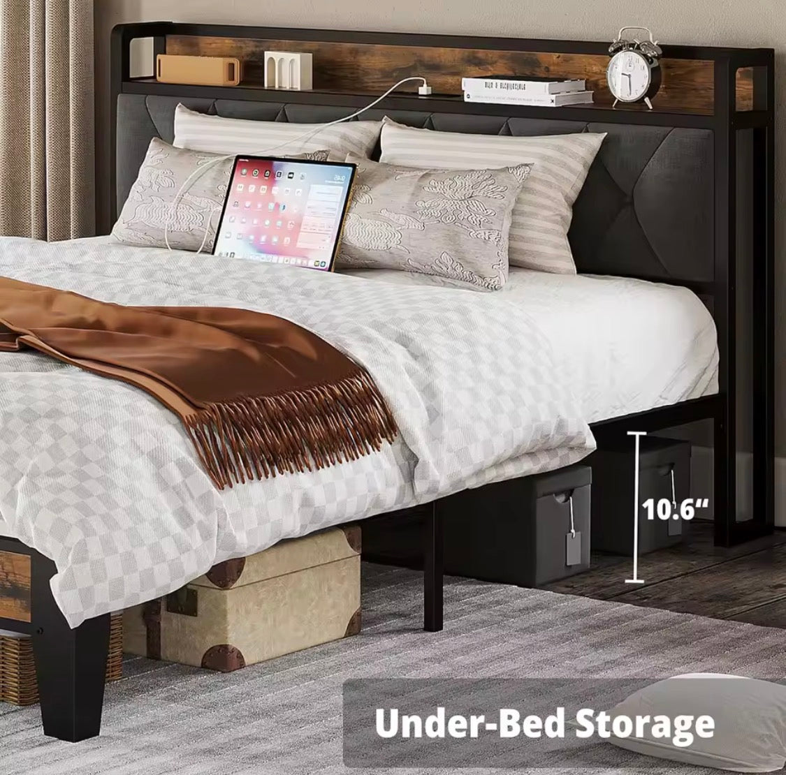 Queen/King Bed Frames, Storage Headboard with Outlets, No Noise, No Box Springs Needed.