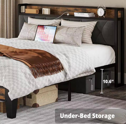 Queen/King Bed Frames, Storage Headboard with Outlets, No Noise, No Box Springs Needed.