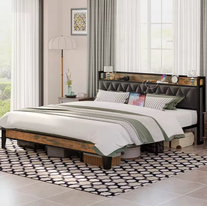 Queen Bed Frame with Storage Headboard & Built‑In Outlets