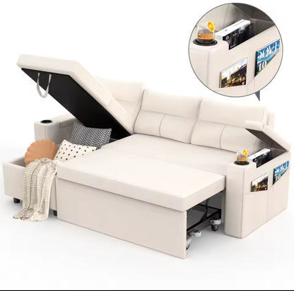 81” L Shape Sleeper Sofa With Armrest Storage, Cup Holder And Side Packets.