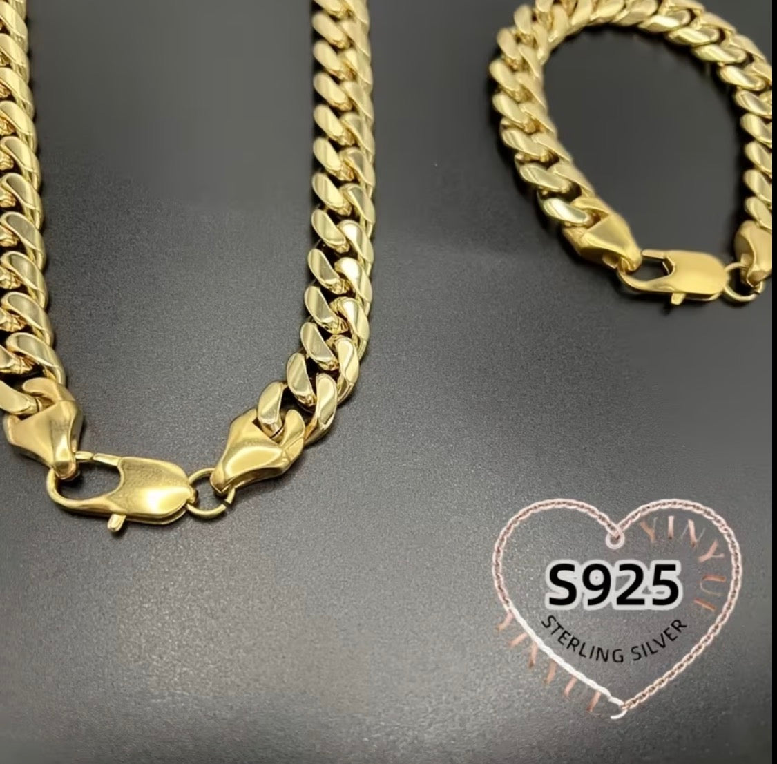 925 Sterling Silver, 24K gold-plated jewelry set, featuring an 8mm wide Cuban chain necklace and bracelet.