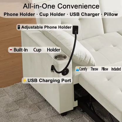 70" Queen Solid Wood Sleeper Couch with Cup & Phone Holder