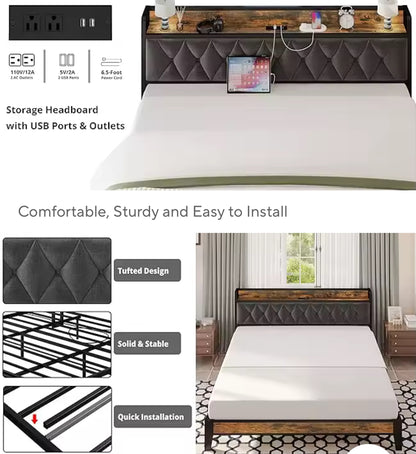 Queen Bed Frame with Storage Headboard & Built‑In Outlets