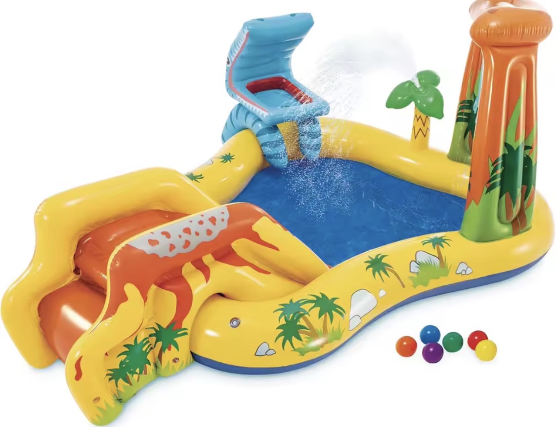 Inflatable Dinosaur Play Pool Slide, Water Sprayer with Balls for Outdoor Fun.