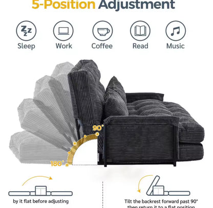 Adjustable Multifunctional Bed Couch With 2 Pillows, 5 Position Sleeper Sofa