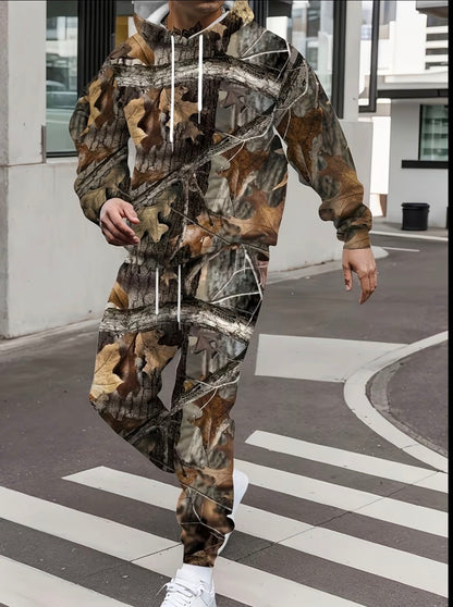 2 Men's Full Body Leaf Print Long Sleeved Hooded Sweatshirt+pants Set