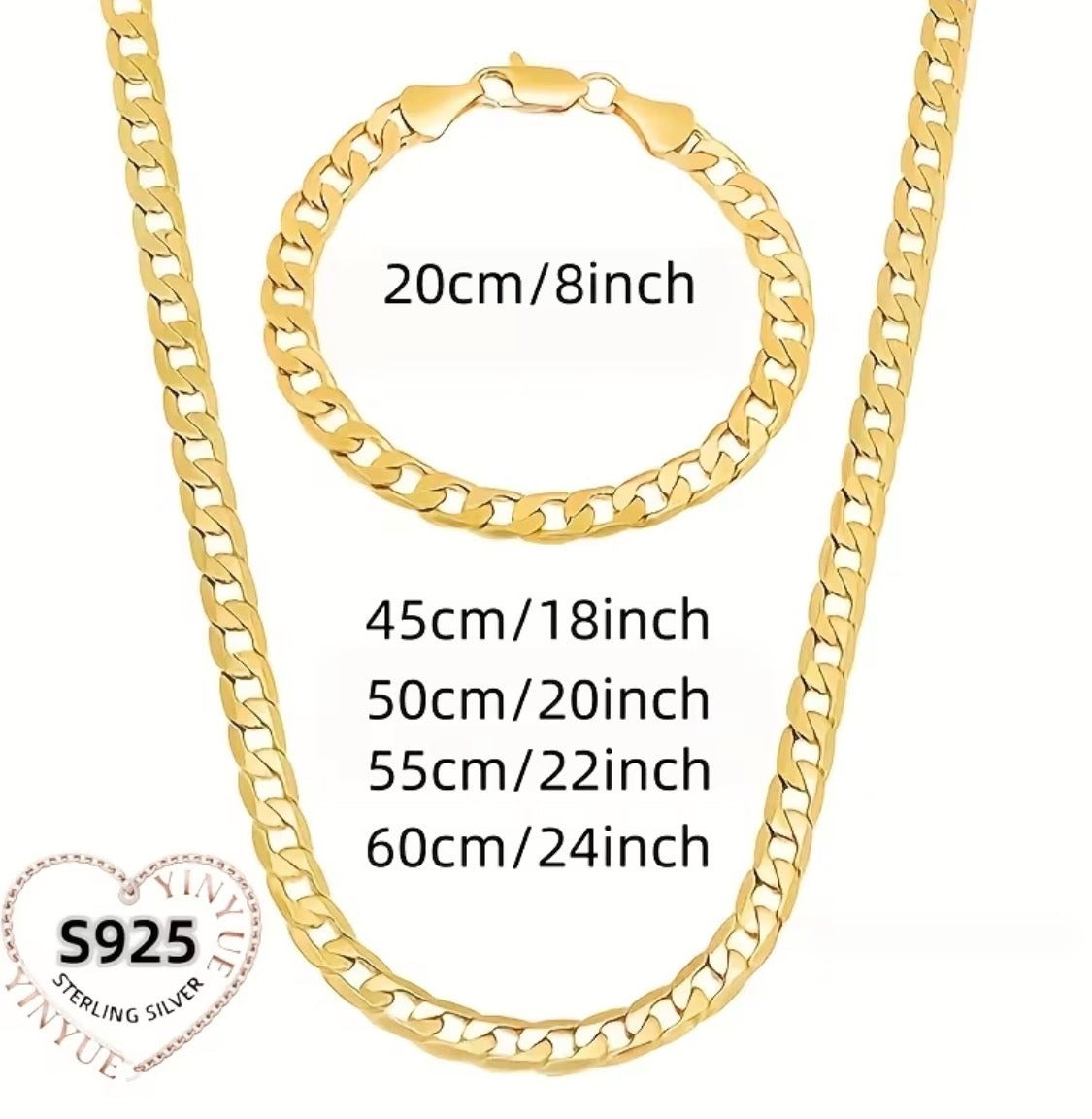 925 Sterling Silver, 24K gold-plated jewelry set, featuring an 8mm wide Cuban chain necklace and bracelet.