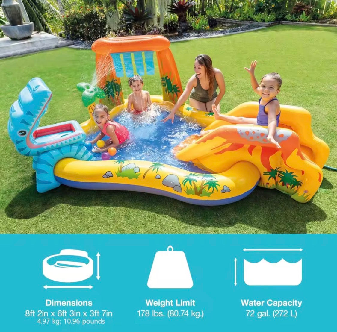 Inflatable Dinosaur Play Pool Slide, Water Sprayer with Balls for Outdoor Fun.