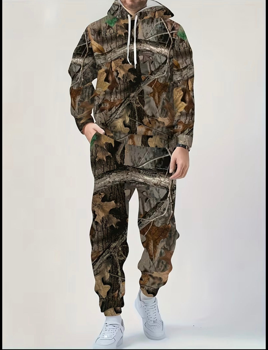 2 Men's Full Body Leaf Print Long Sleeved Hooded Sweatshirt+pants Set