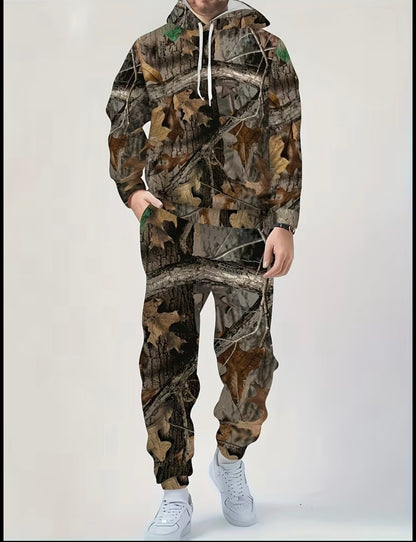 2 Men's Full Body Leaf Print Long Sleeved Hooded Sweatshirt+pants Set