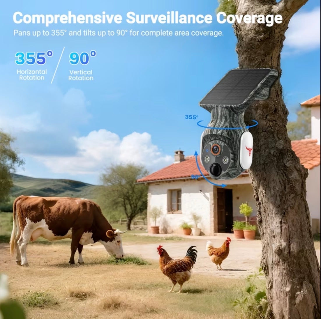 1080P Solar Security Cameras Wireless Outdoor, 360° View Pan/Tilt, 2.4Ghz WiFi Outside, Color Night Vision, Real-Time Alerts, Cloud Storage, 2-Way Audio