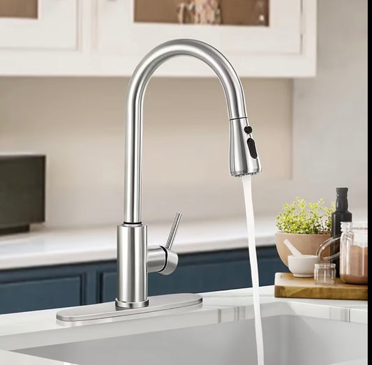 Kitchen Faucet with Pull-Down Spray Single Handle High Arc Commercial Stainless Steel Brushed Nickel Kitchen Sink Faucet with Deck Plate