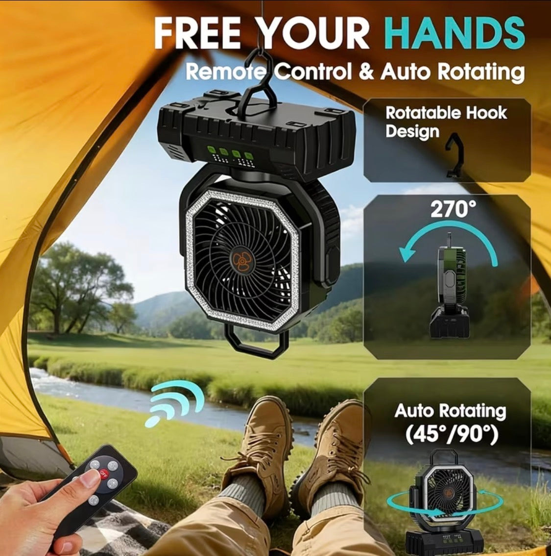 20000Mah Portable LED Camping Fan with Built-In Light - USB Rechargeable Outdoor Cooling Fan.