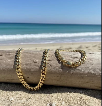 925 Sterling Silver, 24K gold-plated jewelry set, featuring an 8mm wide Cuban chain necklace and bracelet.