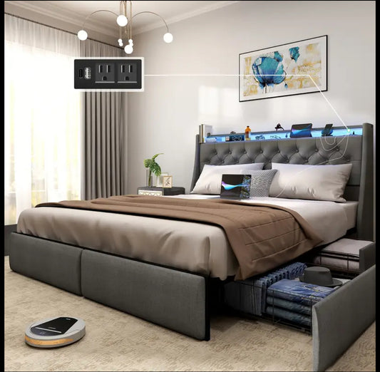 Queen or King Size Bed Frame With 4 Storage Drawers And Luxury Wingback Upholstered Button Tufted Storage Headboard, Charging Station, Storage Headboard And LED Lights/Noise-Free