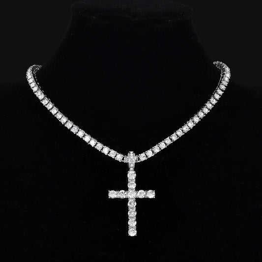 Men & Women Cross Pendant Necklace With 4mm Zircon Tennis Chain Iced Out