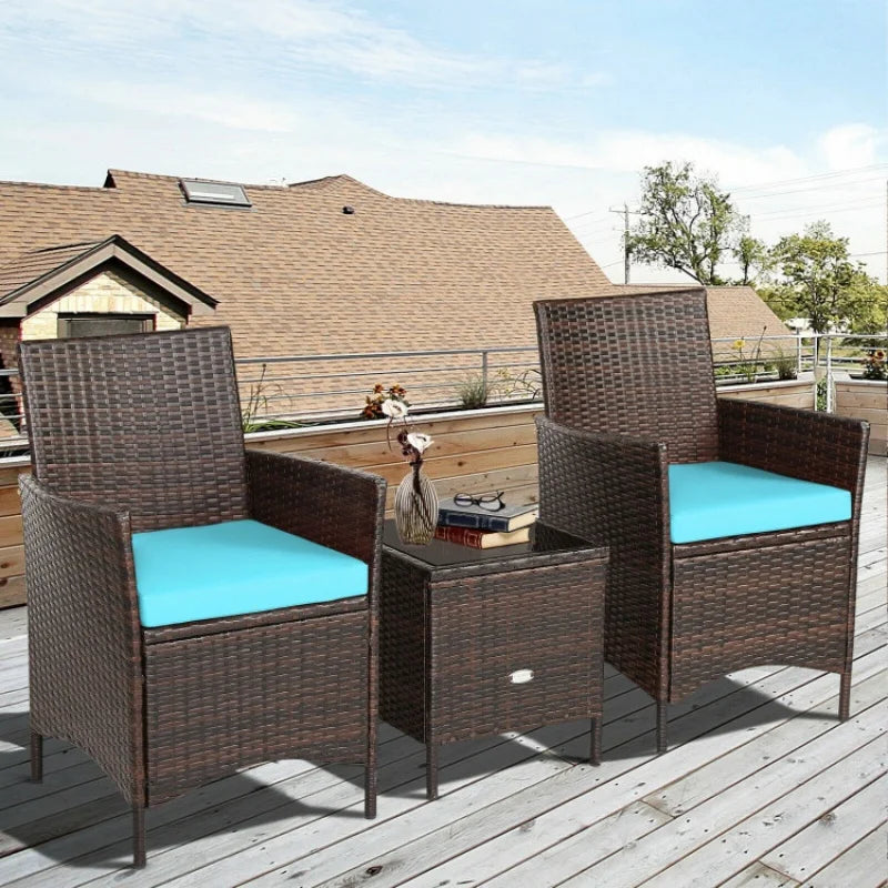 3 pcs Patio Cushioned Rattan Converstaion Set With Glass Table Top