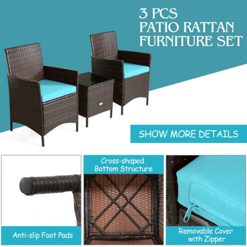 3 pcs Patio Cushioned Rattan Converstaion Set With Glass Table Top