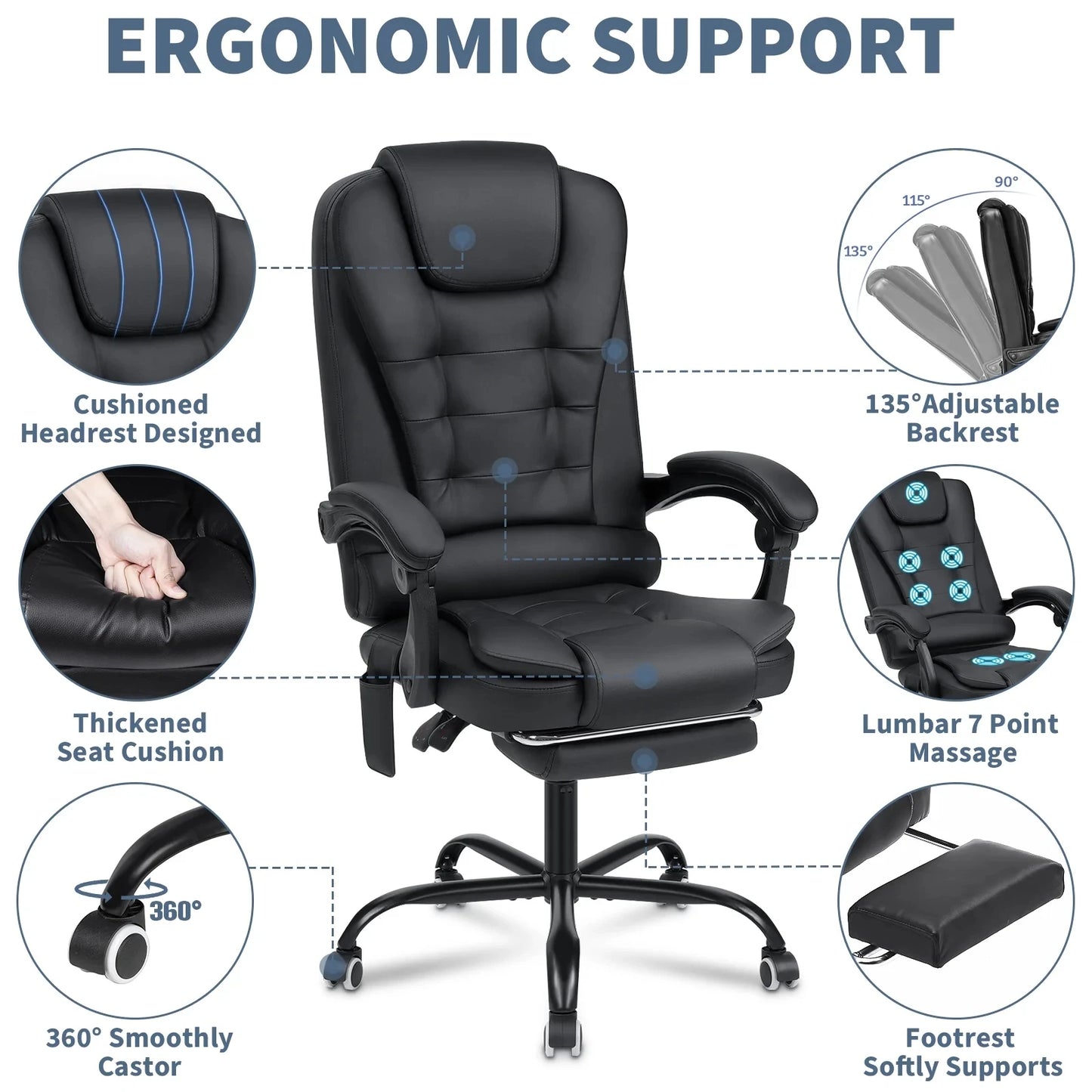 Executive Office Massage Chair with Footrest Reclining, Computer Desk Chair Lumbar Back Support