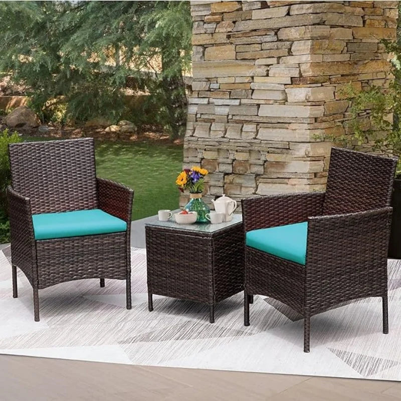 3 pcs Patio Cushioned Rattan Converstaion Set With Glass Table Top