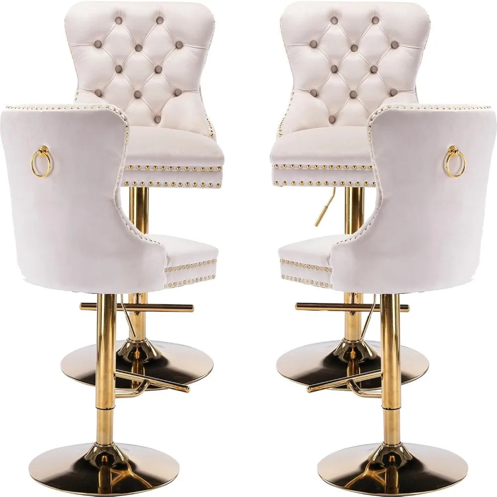 4 Set of Beige Velvet Swivel Bar Stools