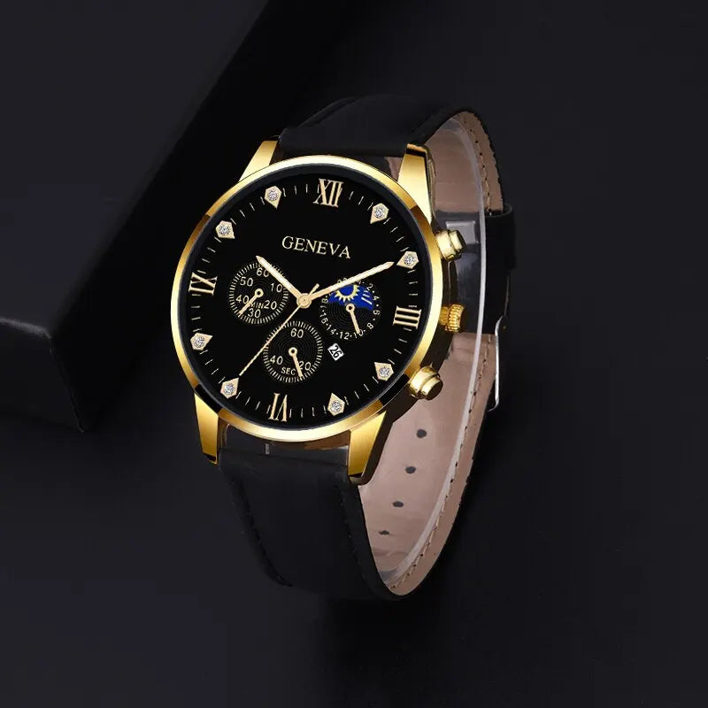 2pcs Luxury Mens Quartz  Watch and Bracelet Set For Men