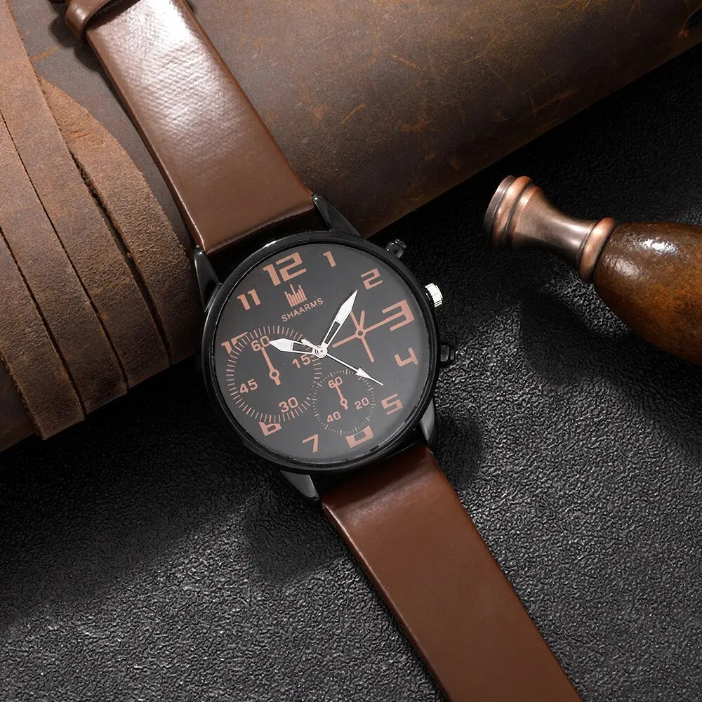 5PCS Set Fashion Mens Big Dial Quartz Wrist Watch Classic Casual Brown Leather Watch and Bracelet