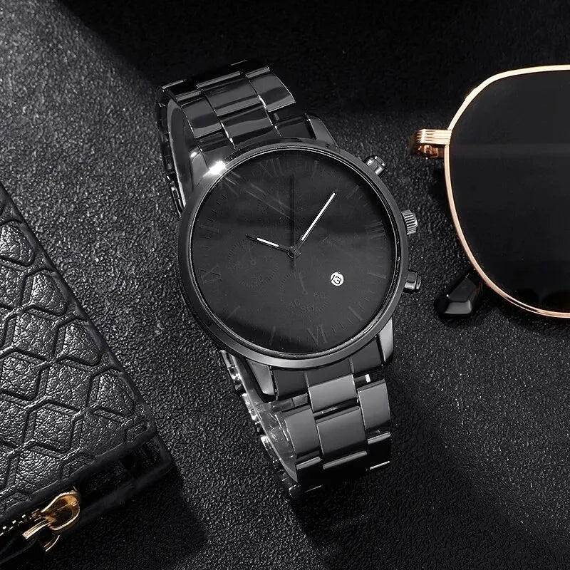 Men Watch Beaded Bracelet Set Fashion Business Stainless Steel Belt Quartz Wrist Watches