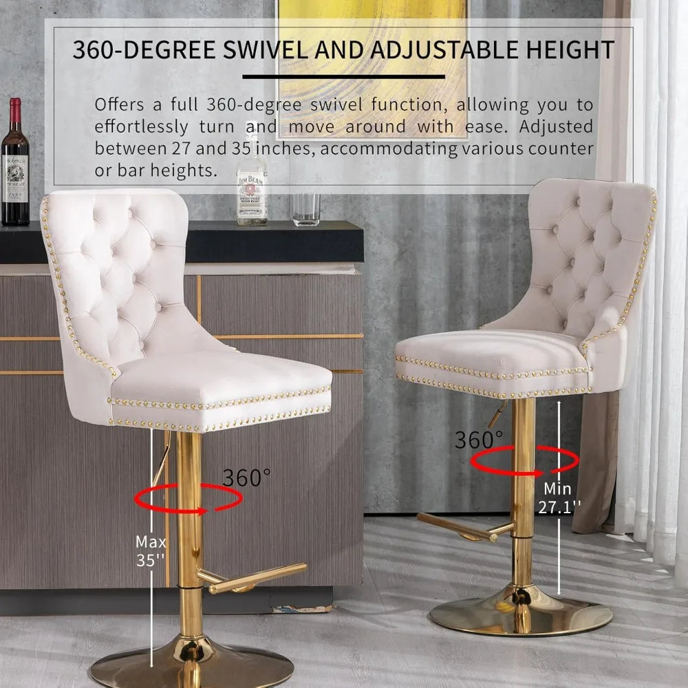 4 Set of Beige Velvet Swivel Bar Stools