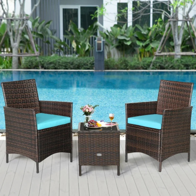 3 pcs Patio Cushioned Rattan Converstaion Set With Glass Table Top