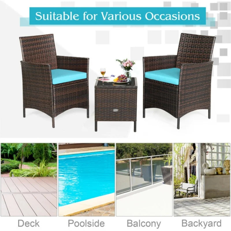 3 pcs Patio Cushioned Rattan Converstaion Set With Glass Table Top