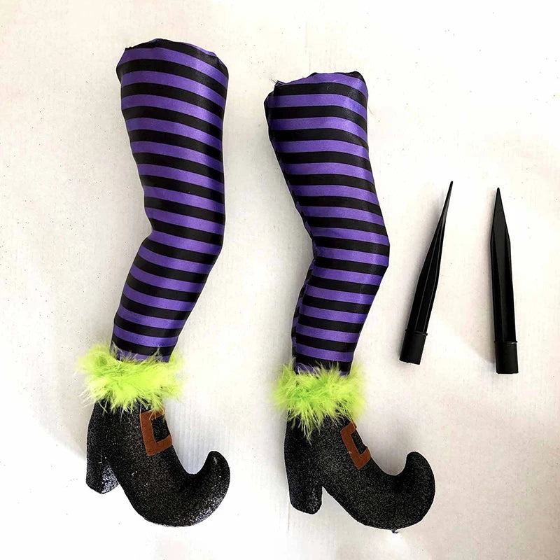 2PCS Evil Witch Legs Upside Down Wicked Wizard Feet With Boot and Stake For Yard Lawn Halloween Decoration Props