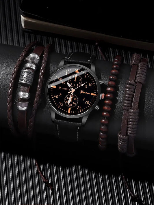 4pcs Fashion Business Casual Men's Belt Quartz Watch with PU Woven Bracelet Set