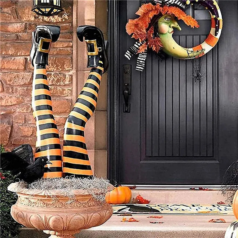 1 Pair Halloween Evil Witch Legs Props Upside Down Wizard Feet with Boot Stake Ornament Decoration for front Yard Lawn