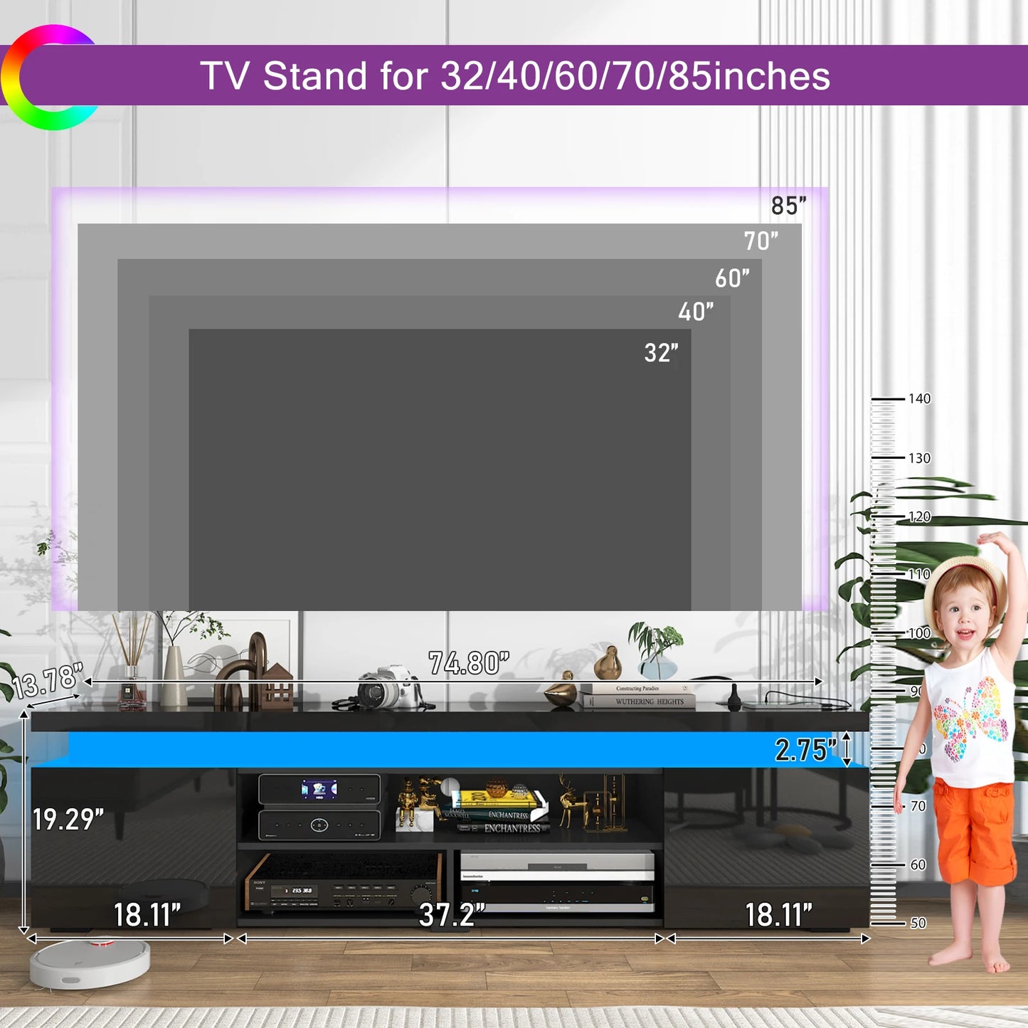 74 Inch LED TV Stand for 80/85 Inch Gaming TV Cabinet with Power Outlet with Storage