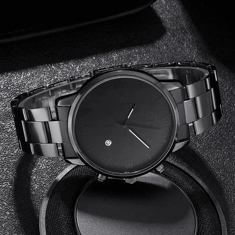 Men Watch Beaded Bracelet Set Fashion Business Stainless Steel Belt Quartz Wrist Watches