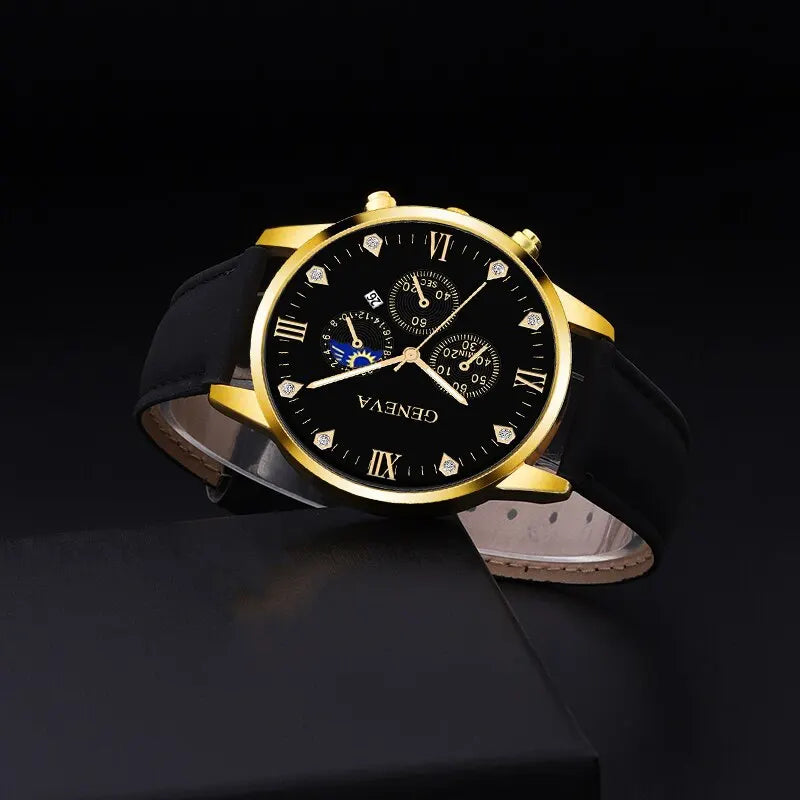 2pcs Luxury Mens Quartz  Watch and Bracelet Set For Men