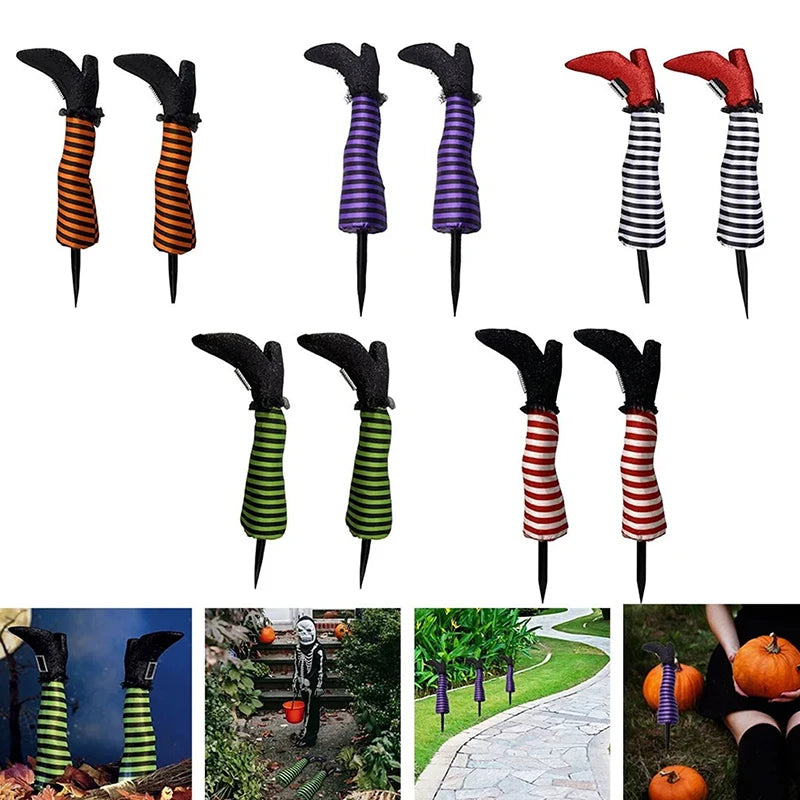 2PCS Evil Witch Legs Upside Down Wicked Wizard Feet With Boot and Stake For Yard Lawn Halloween Decoration Props